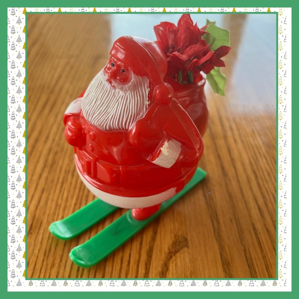 Vintage 1950’s Rosen Rosbro Santa on skis hard plastic candy holder